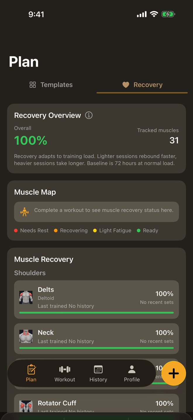 The Recovery view: overall recovery at 100 percent and a list of muscle recovery rows.