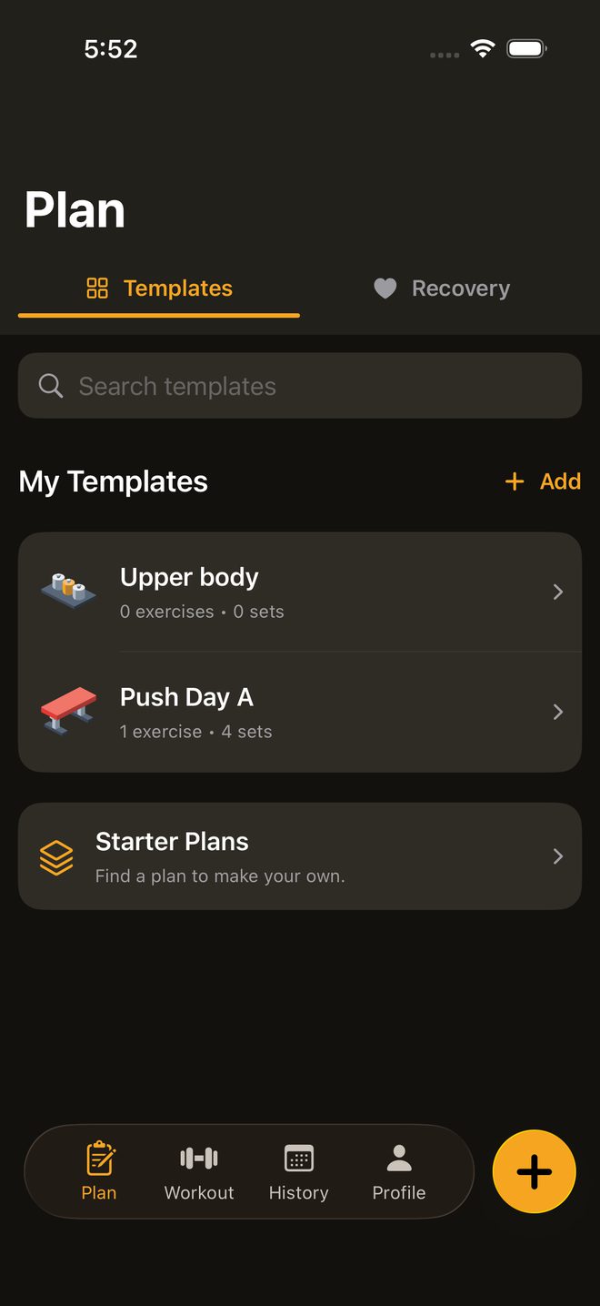 The Plan tab in the Warzone theme with My Templates: Upper body and Push Day A, each with equipment artwork.