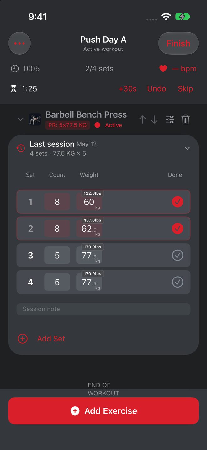 The FitSimp active workout screen: Push Day A, Barbell Bench Press, two of four sets done, and the rest timer row.