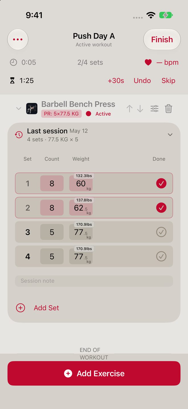Active workout in the Crimson theme, light appearance
