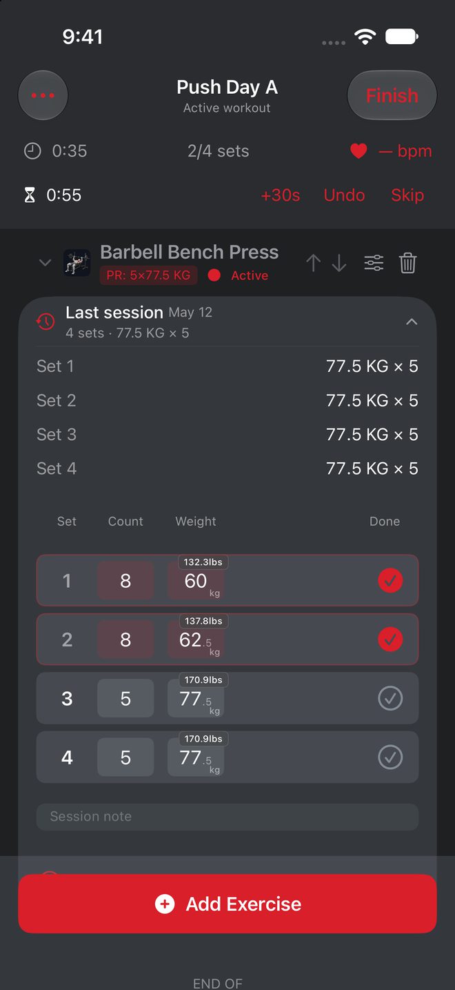 The active workout with Last session open: four sets of 77.5 kilograms for 5 reps, above today's sets.